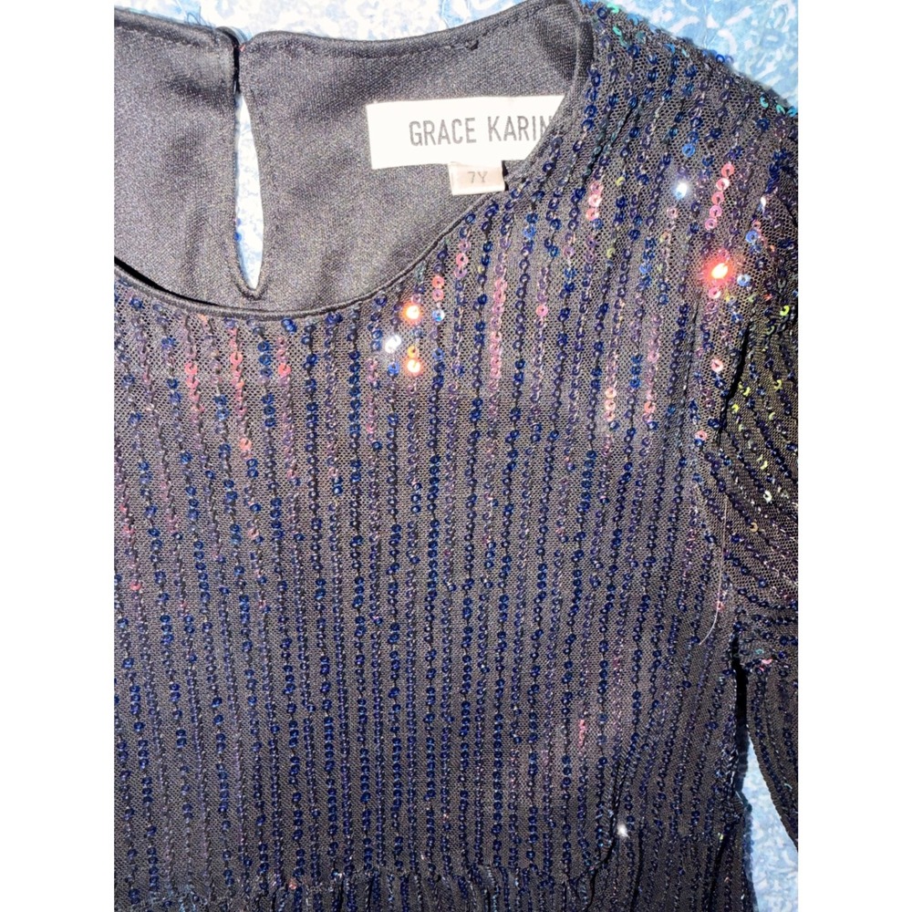 Grace Karin Girls Sequin Tiered Dress Long Sleeve Black Multi Sparkle Size 7 - Picture 4 of 4